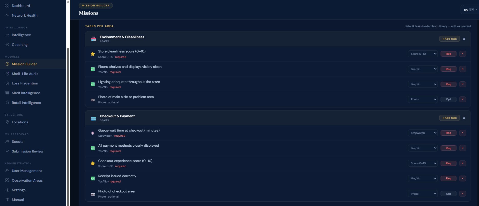 Mission Builder — Tasks per observation area