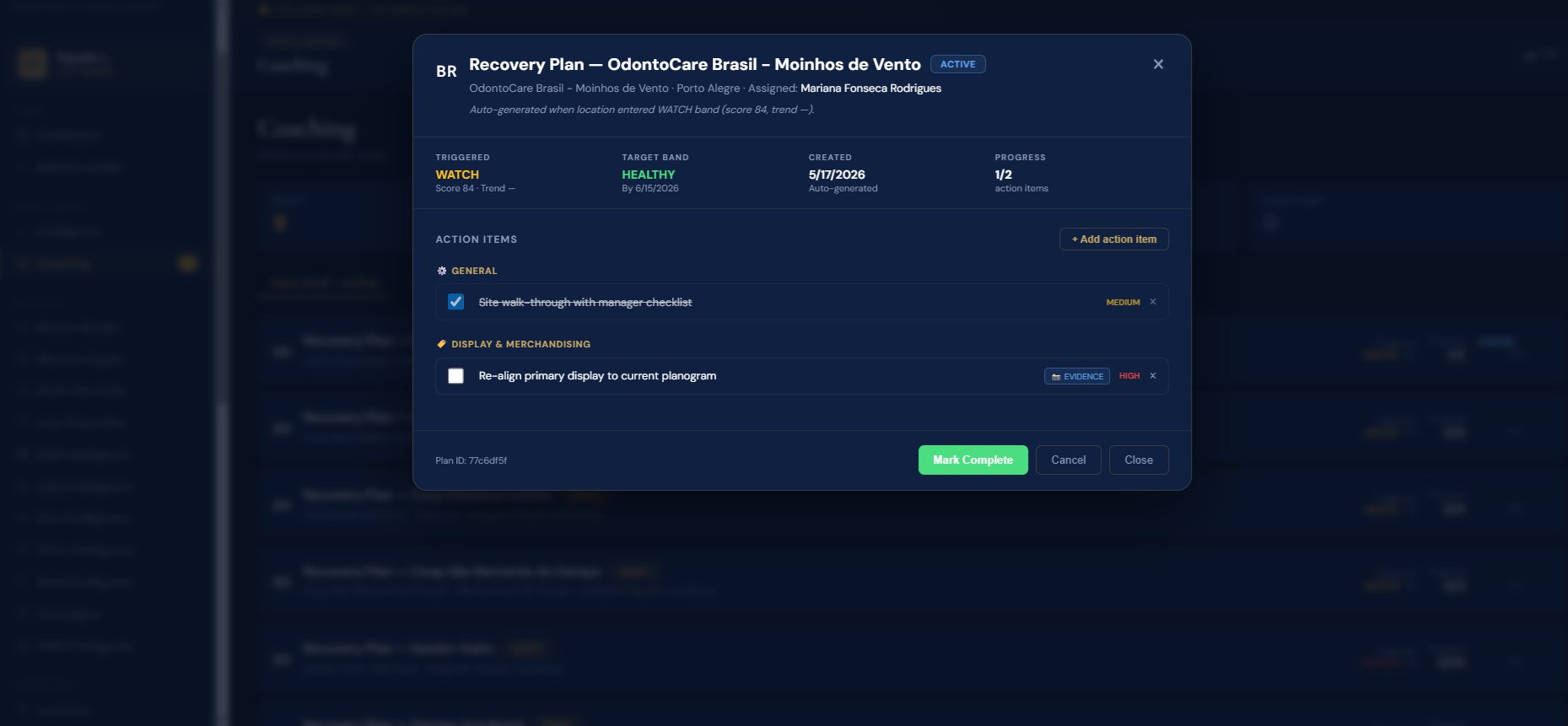 Auto-generated Recovery Plan — triggered by score drop, assigned, tracked, closed